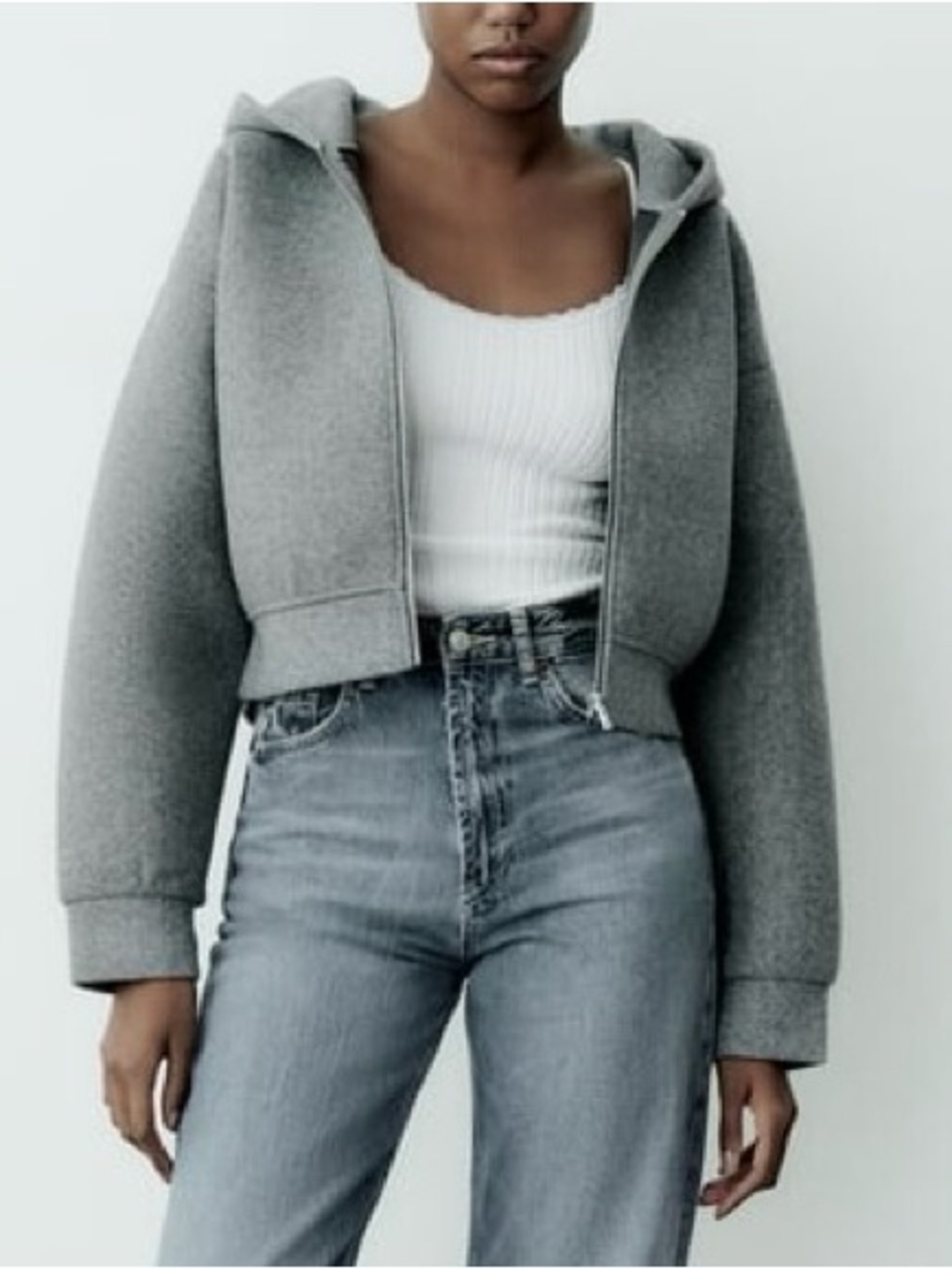 NWT Zara Neoprene Effect Gray Hooded Cropped Zip Up Jacket Size S